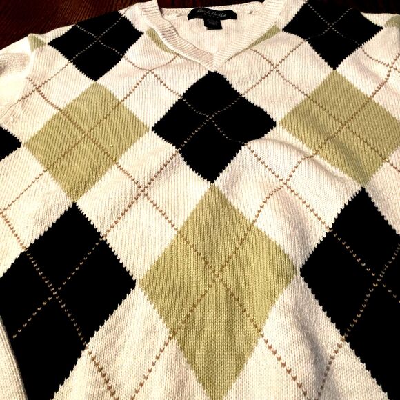 Brooks Brothers Sweater Men's L Cream/Green Argyle V Neck Golf Cotton Cashmere - Picture 4 of 11